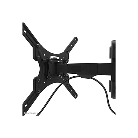 Schwarze TV-Wandhalterung mit Kabel, vor weißem Hintergrund. Von Neomounts.