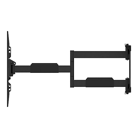 Schwarze, ausziehbare Wandhalterung für Fernseher in Seitenansicht vor weißem Hintergrund.