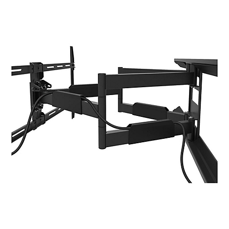 Schwarze TV-Wandhalterung, drehbar. Mehrere Gelenke, um die Position des Bildschirms anzupassen.
