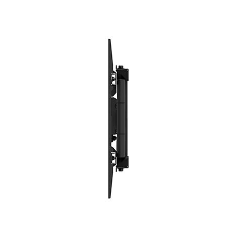 Schwarze TV-Wandhalterung, seitliche Ansicht. Halterung mit Gelenk und Schrauben.