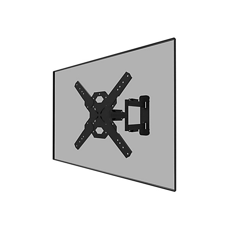 Schwarze TV-Halterung, montiert an einem grauen Bildschirm, vor weißem Hintergrund.