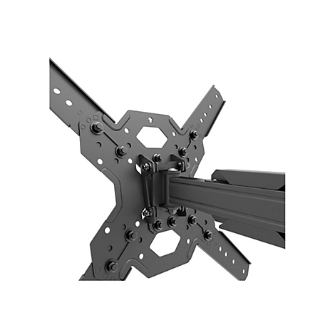 Schwarze TV-Wandhalterung, Detailansicht. Metallstruktur mit Schrauben und Löchern vor weißem Hintergrund.
