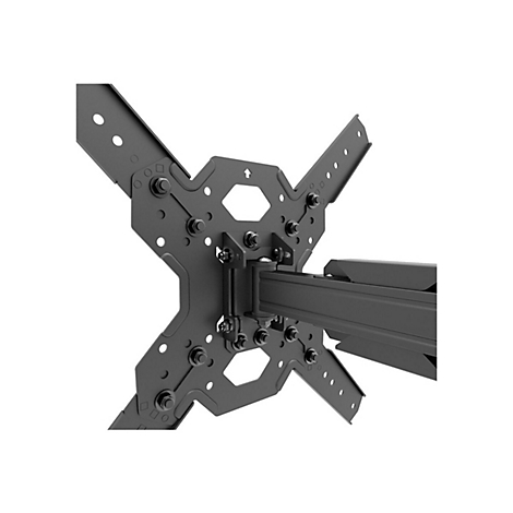 Schwarze TV-Halterung, sternförmig, mit Löchern und Schrauben. Detailaufnahme auf weißem Hintergrund.