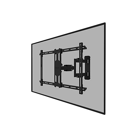 Schwarze TV-Wandhalterung, an der Wand montiert. Aufschrift: 