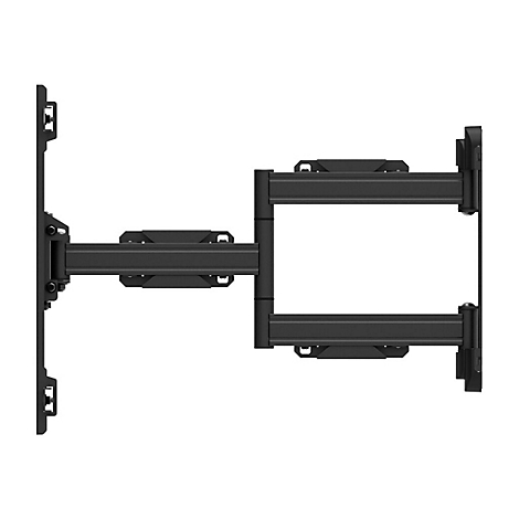 Schwarze TV-Wandhalterung, drehbar und ausziehbar, vor weißem Hintergrund.