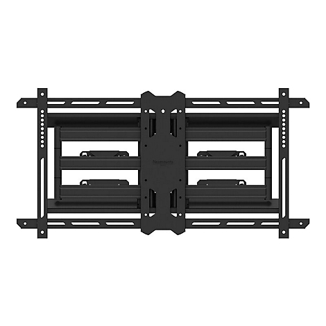 Schwarze TV-Wandhalterung, Frontansicht, mit waagerechten Halterungen und dem Markenlogo Neomounts.
