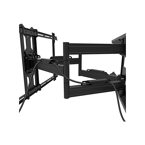 Support mural TV noir, vue détaillée. Plusieurs bras et articulations montrant la flexibilité.