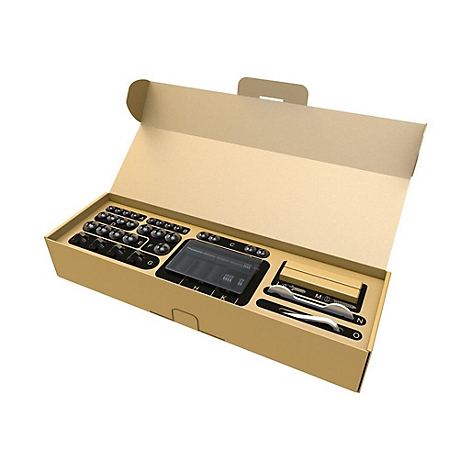 Offene Produktverpackung mit EingabegerÃ¤ten und Werkzeugen. Braune Box mit Tastatur, Touchpad, Stiften und BedienknÃ¶pfen.