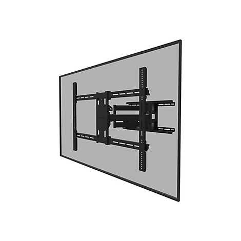 Schwarze TV-Halterung, an grauer Wand montiert. Mehrere Arme und Halterungen sind sichtbar.