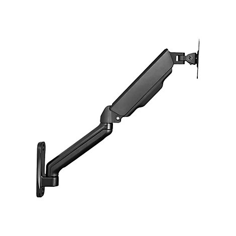 Schwarze Monitorhalterung, an der Wand montiert. Der Arm ist in einem Winkel positioniert und hält einen Bildschirm.