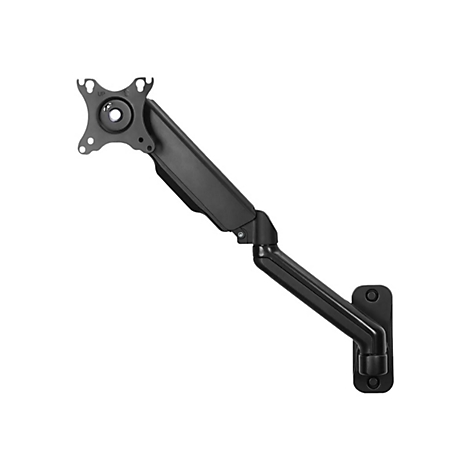 Support de moniteur noir fixé au mur. Fixation pour le moniteur en haut, avec l'inscription "UP". Un bras flexible et un support mural en dessous.