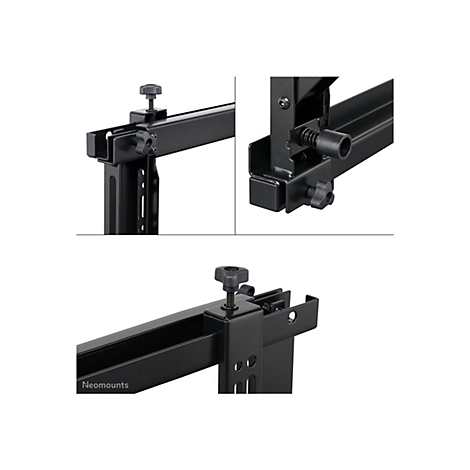 Detailansicht eines schwarzen Metallhalterungssystems mit Schrauben und Knöpfen.