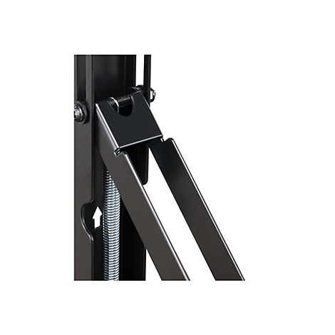 Nahaufnahme einer schwarzen Metallhalterung mit Feder und Schraubverbindungen vor weißem Hintergrund.