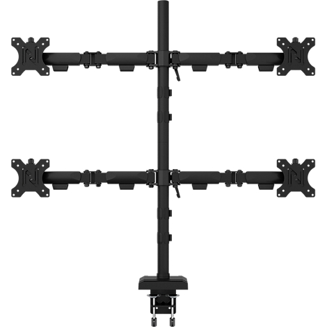 Support de moniteur noir pour quatre écrans, avec colonne verticale et bras horizontaux.