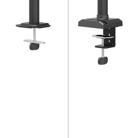Deux supports d'écran noirs en détail, sur fond blanc. Une pince et une base.