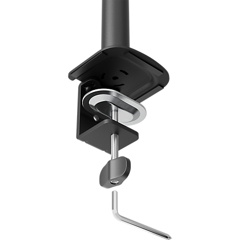 Gros plan d'un bras de moniteur : support noir avec vis argentée et un outil.