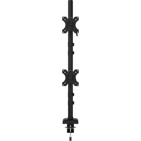 Support de moniteur double en métal noir avec deux supports et une pince de bureau.