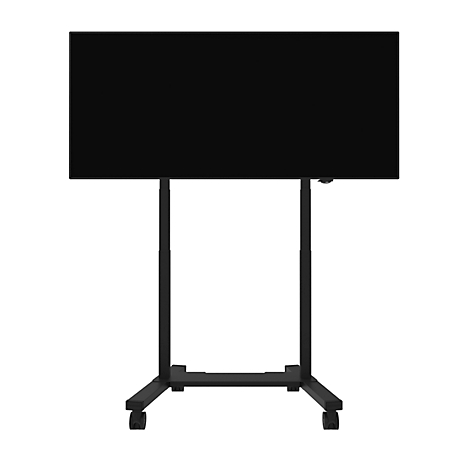Zwarte televisie op een zwart, in hoogte verstelbaar statief met wielen. Het scherm is rechthoekig.