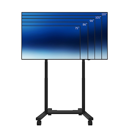 Een groot zwart scherm op een rolstatief, met maatindicaties: 75", 86", 98", 105", 110". Het scherm toont een blauwe gradiënt.