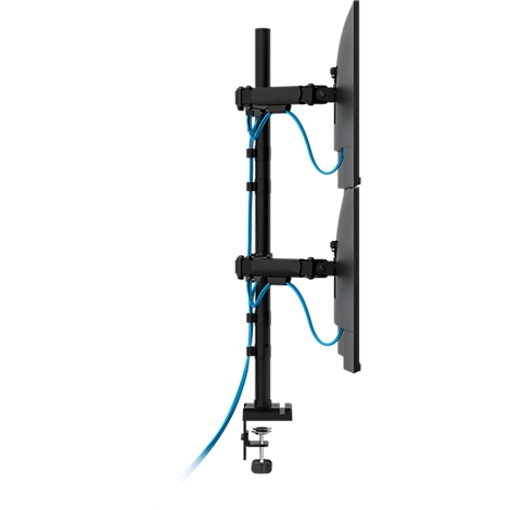Schwarzer Doppelmonitorhalter mit zwei Bildschirmen. Blaue Kabel sind an der Halterung befestigt. Eine Schraubklemme an der Basis.