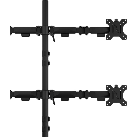 Zwarte dubbele monitorhouder, verticale kolom met horizontale armen voor de monitoren.