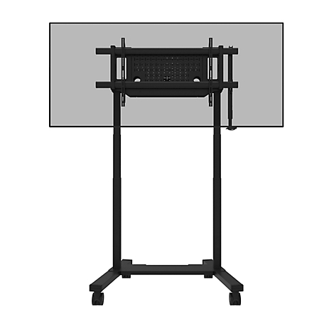 Support TV roulant noir vu de dos, avec écran vertical.