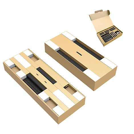 Deux boîtes rectangulaires avec un contenu noir et une boîte ouverte avec des accessoires sur fond blanc.