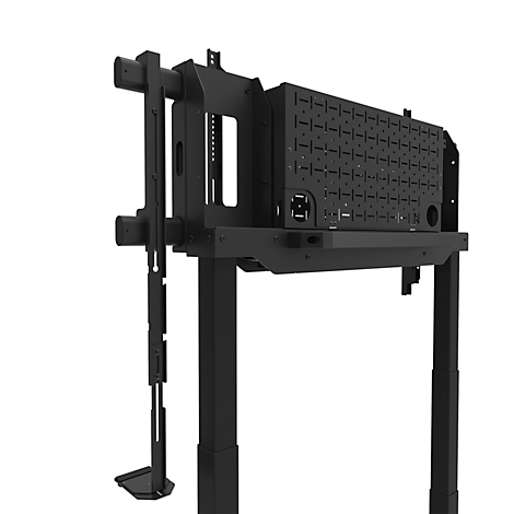 Cadre de montage noir avec plusieurs ports, sur un support avec pieds réglables.