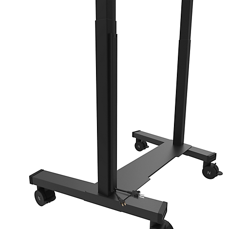 Support roulant noir. Il comporte deux colonnes verticales et une base horizontale avec des roues.
