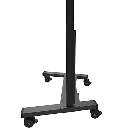 Support roulant noir. Le support a des roues pour le déplacer. La base est rectangulaire et grise.