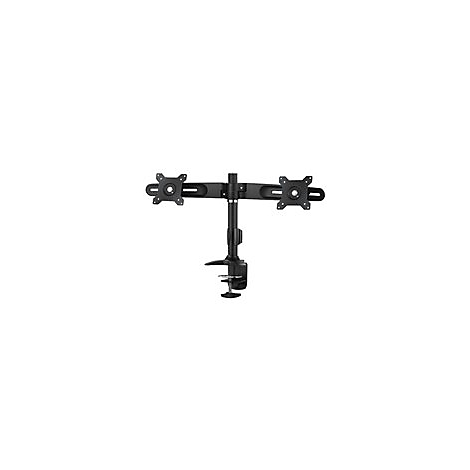 Schwarzer Monitorarm fÃ¼r zwei Bildschirme, mit Klemme zur Befestigung am Tisch.