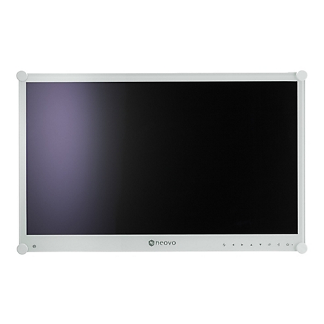 WeiÃŸer Monitor mit schwarzem Bildschirm, abgerundeten Ecken und einem Logo.
