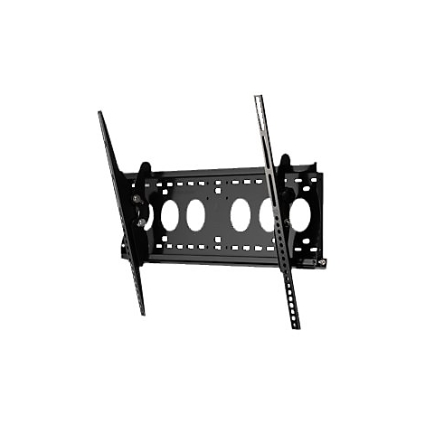 Schwarze TV-Wandhalterung, schrÃ¤g gestellt, mit LÃ¶chern und Einstellschienen.