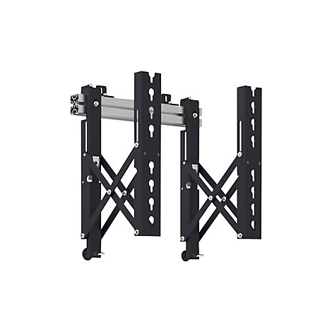 Schwarze TV-Halterung, bestehend aus vertikalen und horizontalen Elementen, Kreuzstreben und Schrauben auf weiÃŸem Hintergrund.