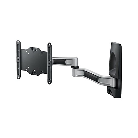 Wandhalterung fÃ¼r einen Fernseher, schwarz und silber. Sie besteht aus einer Wandplatte, einem Arm und einer Halterung.