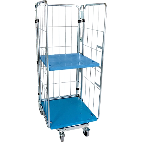 Metal rolling cart with two blue shelves and castors.