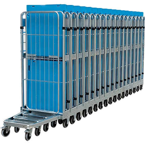 Multiple blue roll cages side by side, metal frame, many wheels, ideal for transport.
