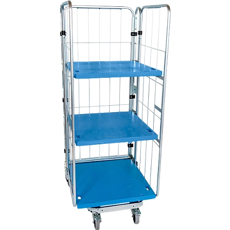 Blue and silver mesh trolley with three shelves. The shelves and wheels are made of plastic, the frame of metal. For transport.