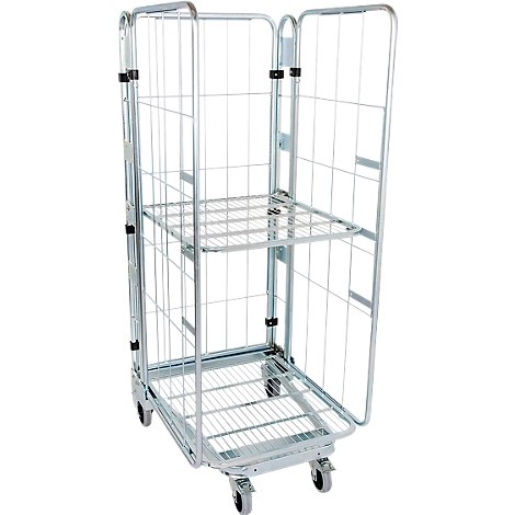 A rollable metal roll container with grid walls and two shelves.