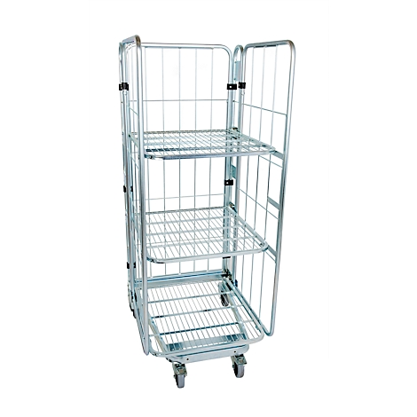 Metal trolley with three shelves and a door that can be opened.