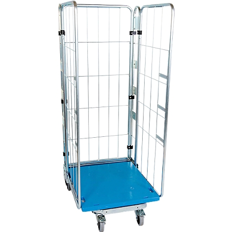 Transport trolley with grid walls, blue floor and castors.