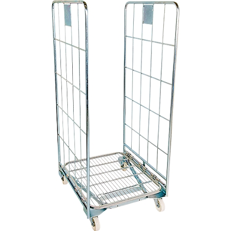 U-shaped metal roll container, with grid, on wheels, isolated.