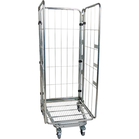 Open metal rolling cart with wheels. Wire mesh side panels, one door open. Gray background.
