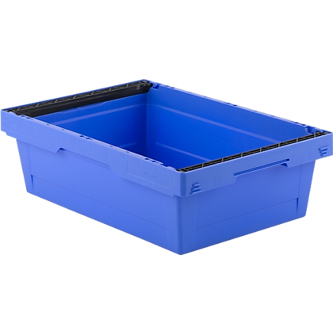 Blauwe plastic doos met handvatten. De doos heeft een zwart frame en staat op een witte achtergrond.