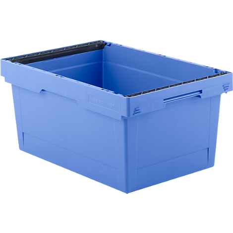 Blauwe plastic doos met zwarte rand, handgrepen en rechthoekige vorm.