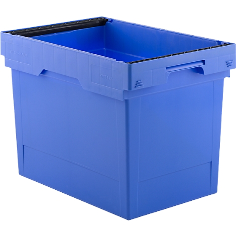 Blauwe plastic box met handvatten en zwarte rand, vooraanzicht.