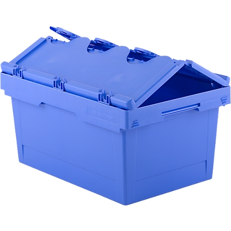 Blauwe rechthoekige plastic doos met een open deksel.