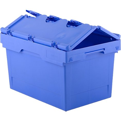 Blauwe transportbox met gedeeltelijk open deksel. Uitsparingen en sluitingen zijn zichtbaar.