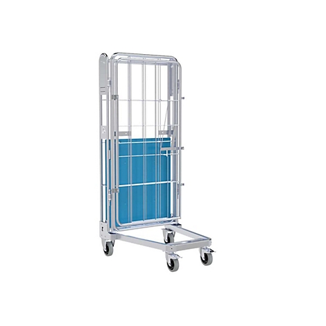 Een lege, inklapbare metalen rolcontainer met blauw paneel op wielen tegen een witte achtergrond.