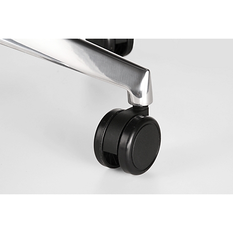 Close-up of a black office chair wheel and a silver leg.